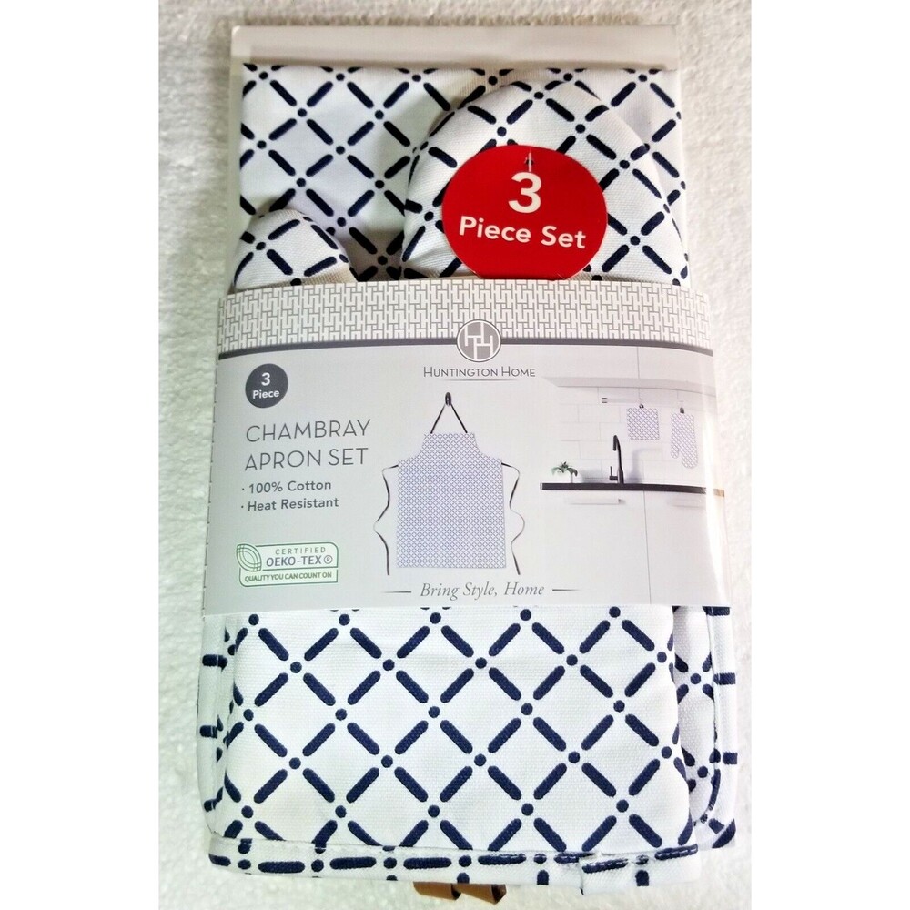Chambray Apron Set 3 Piece Heat Resistant OEKO-Tex Huntington Home Navy & White